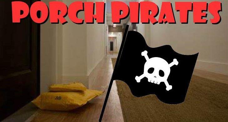 Package sitting outside in a hallway with a pirate flag overlaid on the image